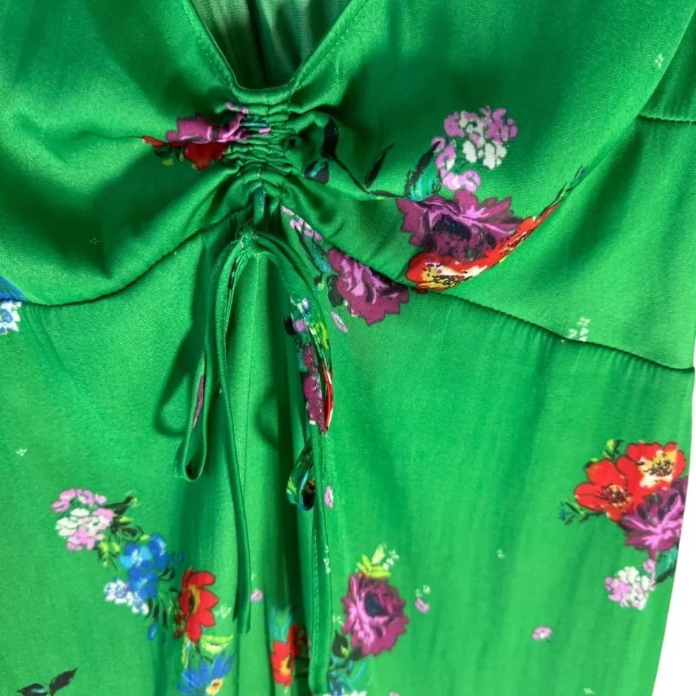Free People Grass Green‎ Floral Bell Sleeve Deep V Neck Mini Dress Sz XS